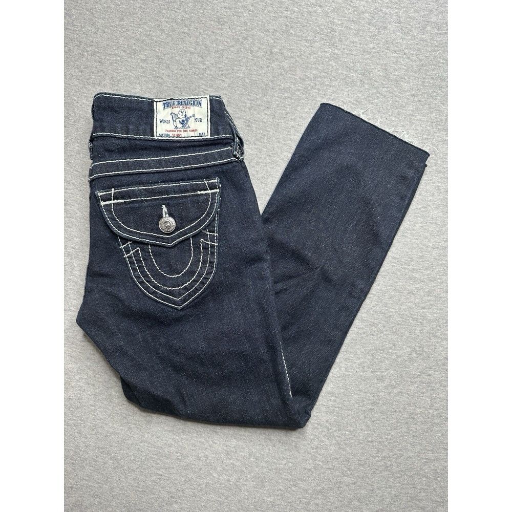 True Religion Womens Flap Pocket Skinny Jeans Dark‎ Wash Stitch Size 26 USA